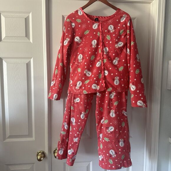 Planet Sleep Womens Snowman Pajama Set Medium Fleece Pink Pockets Camp Cabin - Picture 1 of 16